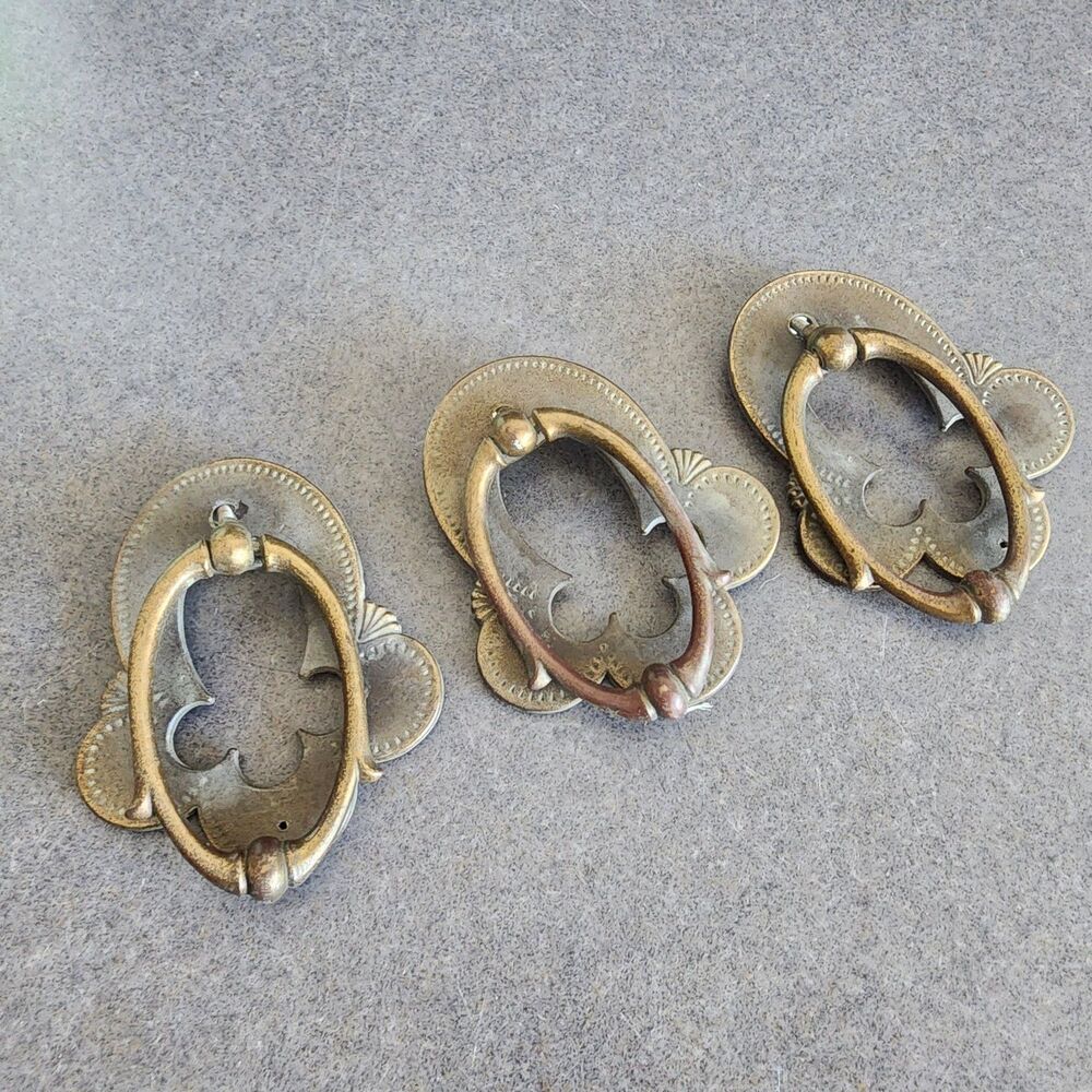 Lot of 3 Vintage Brass Teardrop Bail Drawer Pulls Cabinet Ring Handles Patina